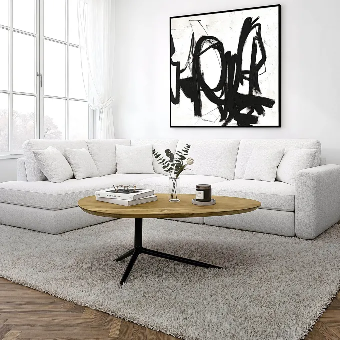Design Couchtisch Akazie Massivholz 87cm oval Wohnzimmertisch Metallgestell
