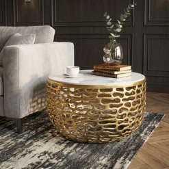 Design Metall Couchtisch Marmor Platte weiß Wohnzimmertisch Sofatisch rund 60cm