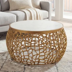 Design Metall Couchtisch mit Marmor Platte weiß Wohnzimmertisch Gold rund 60cm