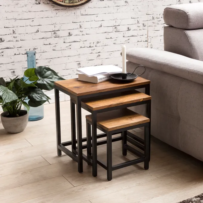 3er Set Beistelltisch Sheesham Satztisch Massivholz Couchtisch Metallbeine
