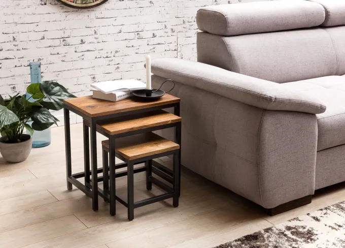 3er Set Beistelltisch Sheesham Satztisch Massivholz Couchtisch Metallbeine