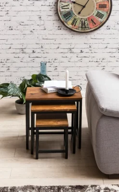 3er Set Beistelltisch Sheesham Satztisch Massivholz Couchtisch Metallbeine