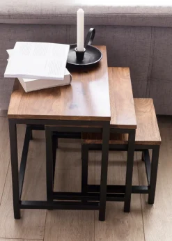 3er Set Beistelltisch Sheesham Satztisch Massivholz Couchtisch Metallbeine
