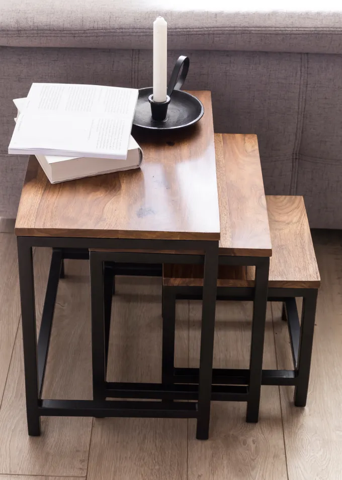 3er Set Beistelltisch Sheesham Satztisch Massivholz Couchtisch Metallbeine