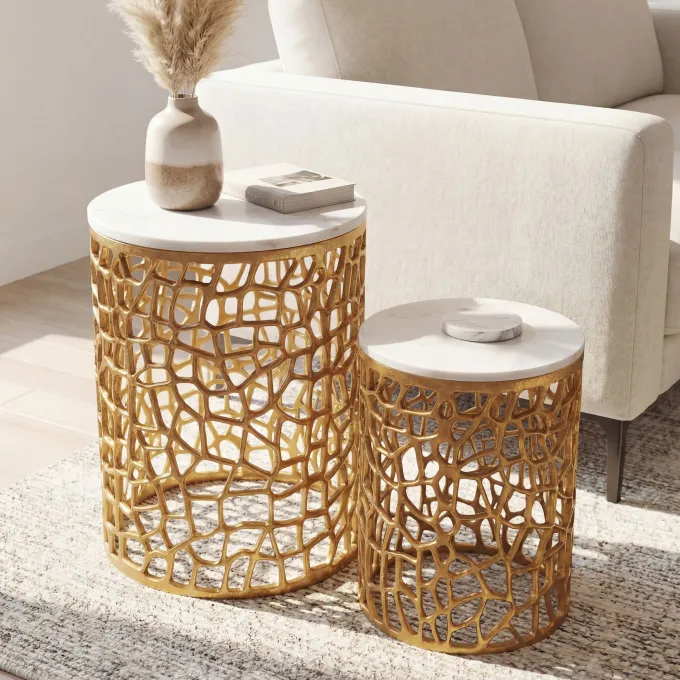 2er Set Couchtisch gold Marmor rund Wohnzimmertisch Beistelltisch Satztisch Alu