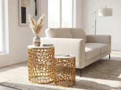 2er Set Couchtisch gold Marmor rund Wohnzimmertisch Beistelltisch Satztisch Alu