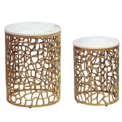 2er Set Couchtisch gold Marmor rund Wohnzimmertisch Beistelltisch Satztisch Alu