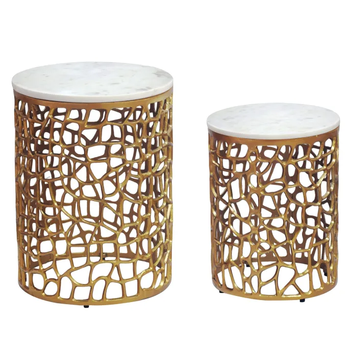 2er Set Couchtisch gold Marmor rund Wohnzimmertisch Beistelltisch Satztisch Alu