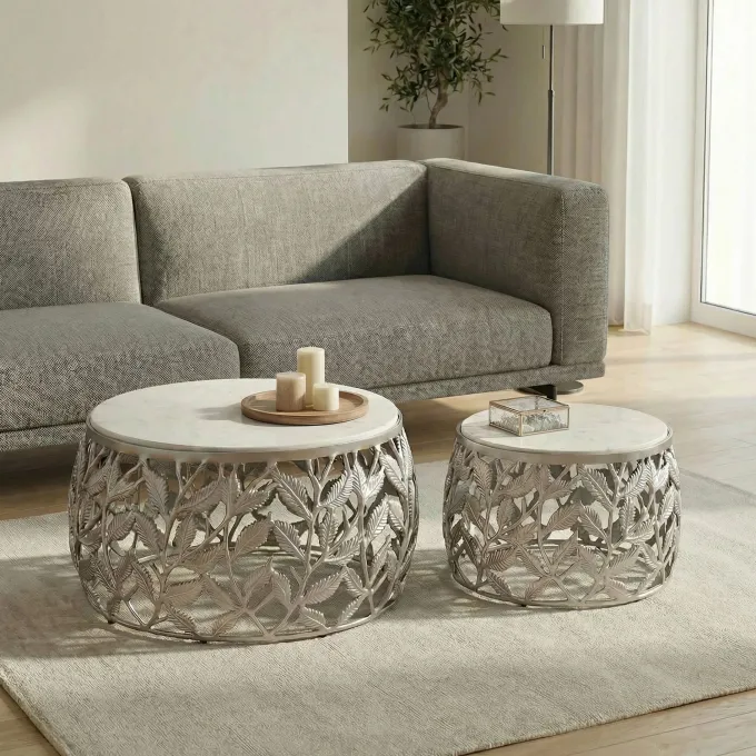 2er Set Couchtisch Marmor Metall rund Wohnzimmertisch Beistelltisch Satztisch