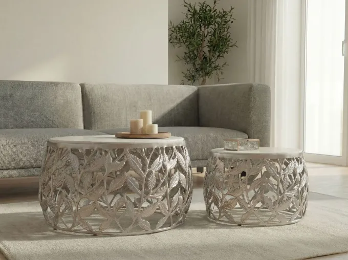2er Set Couchtisch Marmor Metall rund Wohnzimmertisch Beistelltisch Satztisch