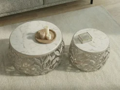 2er Set Couchtisch Marmor Metall rund Wohnzimmertisch Beistelltisch Satztisch
