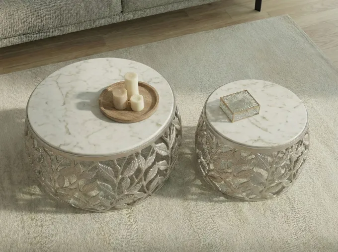 2er Set Couchtisch Marmor Metall rund Wohnzimmertisch Beistelltisch Satztisch