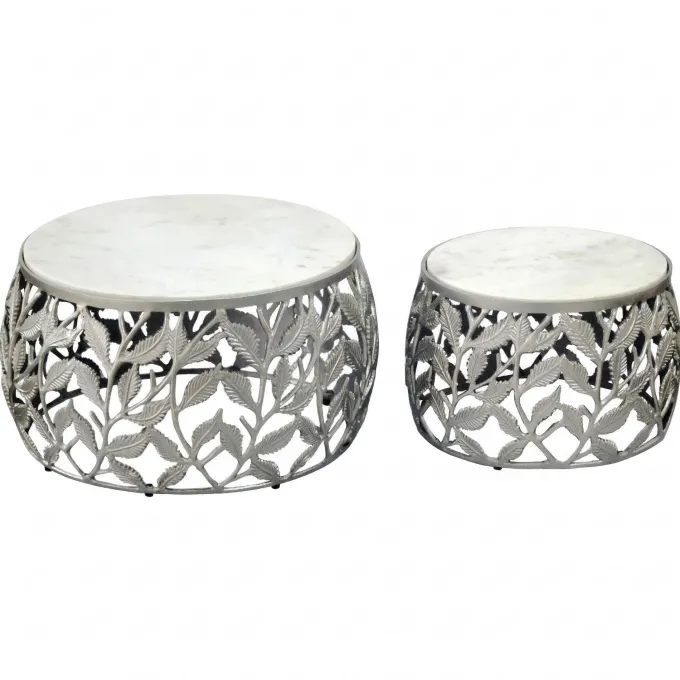 2er Set Couchtisch Marmor Metall rund Wohnzimmertisch Beistelltisch Satztisch
