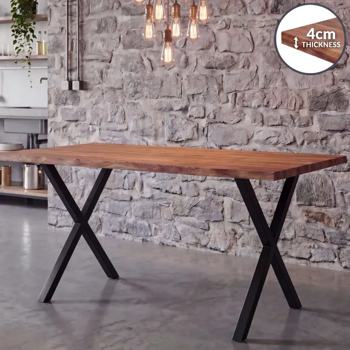 Esstisch 120x60 cm Akazie Massivholz 4cm Baumkante X-Gestell Esszimmertisch