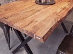 Esstisch 120x60 cm Akazie Massivholz 4cm Baumkante X-Gestell Esszimmertisch