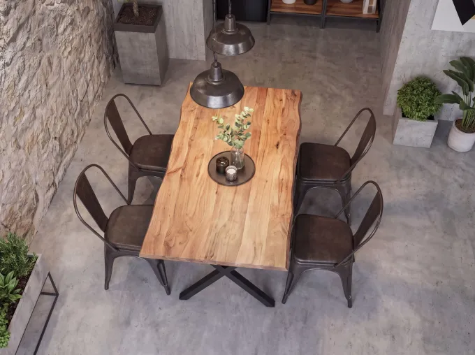 Esstisch 120x60 cm Akazie Massivholz 4cm Baumkante X-Gestell Esszimmertisch