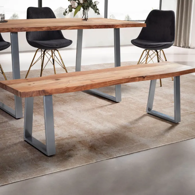 Esszimmerbank FineBuy Sitzbank Akazie Massivholz 180 cm Essbank Baumkante Chrom