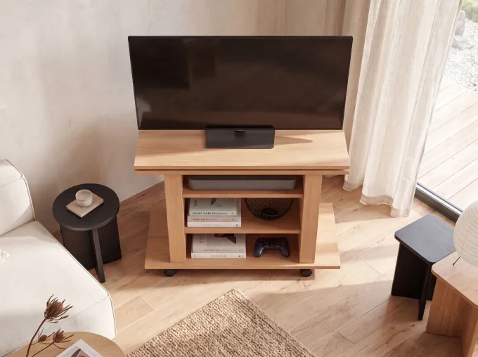Fernsehschrank Rollbar Drehbar TV Bank Schrank Möbel Fernsehtisch HiFi Rack Holz