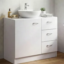 FineBuy Bad Waschbecken Unterschrank 54 x 63 x 30 cm 1 Tür 3 Schubladen weiß