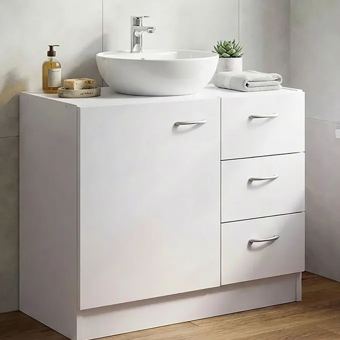 FineBuy Bad Waschbecken Unterschrank 54 x 63 x 30 cm 1 Tür 3 Schubladen weiß