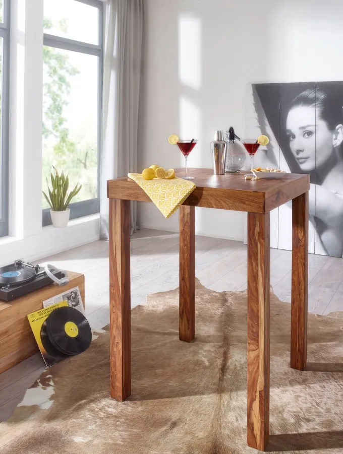 FineBuy Bartisch Massivholz Sheesham 80x80x110cm Stehtisch Bistrotisch Tisch