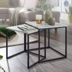 FineBuy Beistelltisch 2er Couchtisch Set Marmor Optik Weiß Wohnzimmertisch