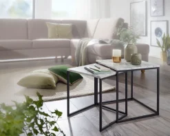 FineBuy Beistelltisch 2er Couchtisch Set Marmor Optik Weiß Wohnzimmertisch