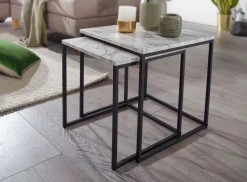 FineBuy Beistelltisch 2er Couchtisch Set Marmor Optik Weiß Wohnzimmertisch
