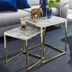 FineBuy Beistelltisch 2er Set Couchtisch Marmor Optik Wohnzimmertisch Eckig