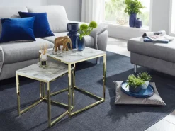 FineBuy Beistelltisch 2er Set Couchtisch Marmor Optik Wohnzimmertisch Eckig