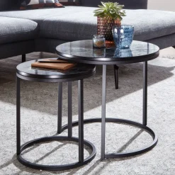 FineBuy Beistelltisch 2er Set Couchtisch Marmor Optik Wohnzimmertisch Rund Tisch