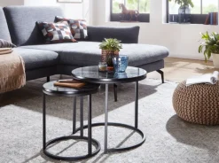 FineBuy Beistelltisch 2er Set Couchtisch Marmor Optik Wohnzimmertisch Rund Tisch