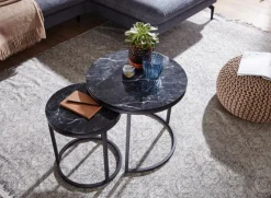 FineBuy Beistelltisch 2er Set Couchtisch Marmor Optik Wohnzimmertisch Rund Tisch