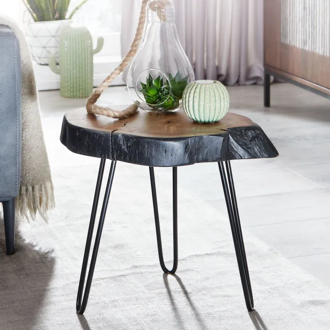 FineBuy Beistelltisch Holz Wohnzimmertisch Massiv Baumkante Wohnzimmer Tisch
