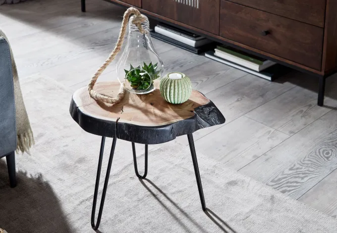 FineBuy Beistelltisch Holz Wohnzimmertisch Massiv Baumkante Wohnzimmer Tisch