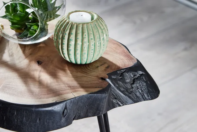FineBuy Beistelltisch Holz Wohnzimmertisch Massiv Baumkante Wohnzimmer Tisch