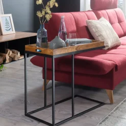FineBuy Beistelltisch Sheesham massiv Holz Tabletttisch Abstelltisch Holz Metall