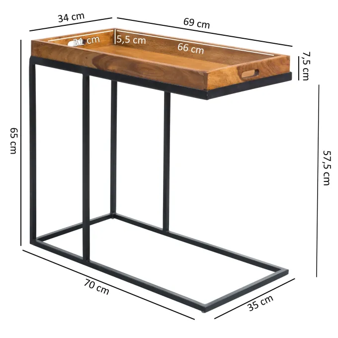 FineBuy Beistelltisch Sheesham massiv Holz Tabletttisch Abstelltisch Holz Metall