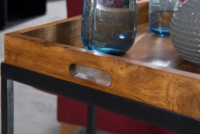 FineBuy Beistelltisch Sheesham massiv Holz Tabletttisch Abstelltisch Holz Metall
