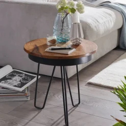 FineBuy Beistelltisch Ø43 Sheesham Massivholz Couchtisch Metall Wohnzimmertisch