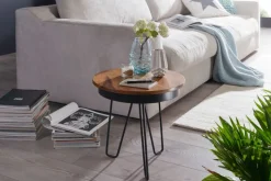 FineBuy Beistelltisch Ø43 Sheesham Massivholz Couchtisch Metall Wohnzimmertisch