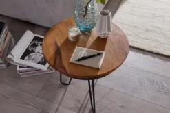 FineBuy Beistelltisch Ø43 Sheesham Massivholz Couchtisch Metall Wohnzimmertisch