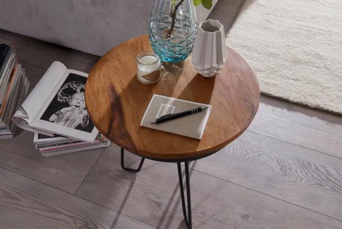 FineBuy Beistelltisch Ø43 Sheesham Massivholz Couchtisch Metall Wohnzimmertisch