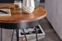 FineBuy Beistelltisch Ø43 Sheesham Massivholz Couchtisch Metall Wohnzimmertisch
