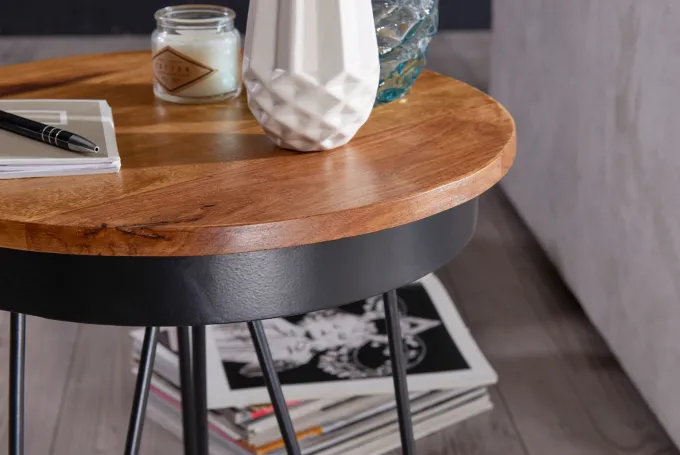 FineBuy Beistelltisch Ø43 Sheesham Massivholz Couchtisch Metall Wohnzimmertisch