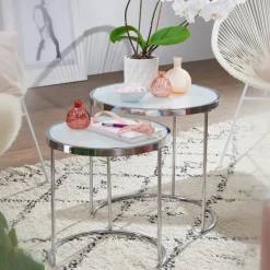 FineBuy Beistelltisch 2tlg Rund Wohnzimmertisch Weiß Glas Couchtisch Silber