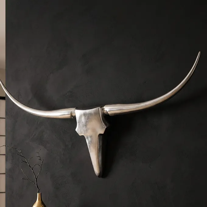 FineBuy Bull Geweih L Wanddekoration 125 cm breit Aluminium silber Wandgeweih