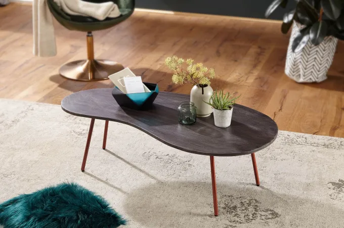 FineBuy Couchtisch Akazie Massivholz 122cm Wohnzimmertisch Retro Nierenform