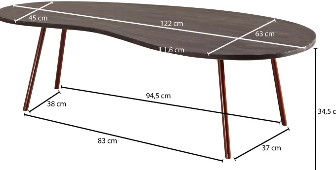 FineBuy Couchtisch Akazie Massivholz 122cm Wohnzimmertisch Retro Nierenform