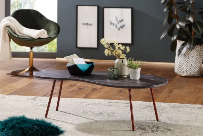 FineBuy Couchtisch Akazie Massivholz 122cm Wohnzimmertisch Retro Nierenform